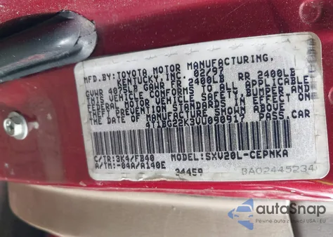 1997 Toyota Camry Le from USA, damaged, VIN 4T1BG22K3VU090917